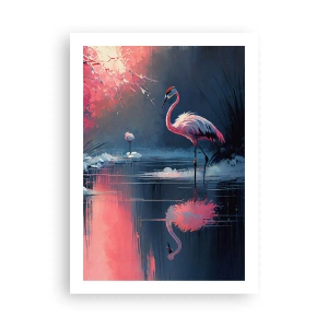 Poster - Fenicotteri su un lago calmo - 50x70cm - L'eremo degli uccelli - Decorazione murale moderna per soggiorno e camera da letto ARTTOR