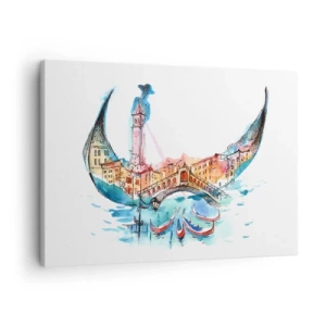 Quadro su tela - Stampe su Tela - Una composizione ad acquerello di Venezia a forma di gondola - 70x50cm - Navighiamo dentro la città - Decorazione murale moderna per soggiorno e camera da letto ARTTOR