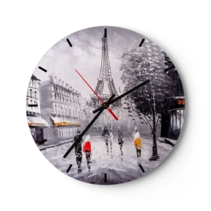 Orologio da parete - Orologio in Vetro - Una strada di Parigi con la Torre Eiffel sullo sfondo - 30x30cm - Passeggiata a Parigi - Decorazione murale moderna per soggiorno, cucina e camera da letto ARTTOR
