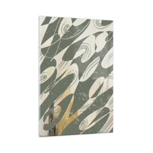 Quadro su vetro - Forme dinamiche nei toni del verde e dell'oro - 80x120cm - Astrazione ritmica - Decorazione murale moderna per soggiorno e camera da letto ARTTOR