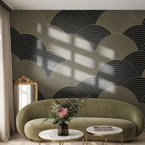 Fotomurali Premium Sand - Semicerchi dorati che formano un motivo giapponese su sfondo nero - 100x70cm - Unità nella molteplicità - Decorazione murale moderna per soggiorno e camera da letto ARTTOR