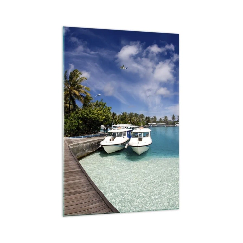 Quadro su vetro - Un molo su un mare turchese con barche e palme - 70x100cm - Il paradiso esiste davvero - Decorazione murale moderna per soggiorno e camera da letto ARTTOR