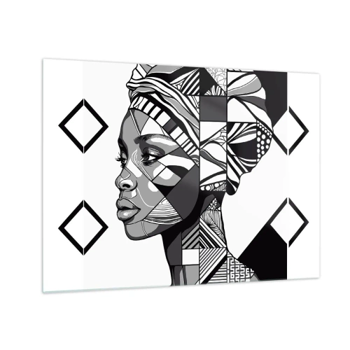 Quadro su vetro - Ritratto etnico in bianco e nero di una donna con motivi geometrici - 70x50cm - Ritratto etnico - Decorazione murale moderna per soggiorno e camera da letto ARTTOR