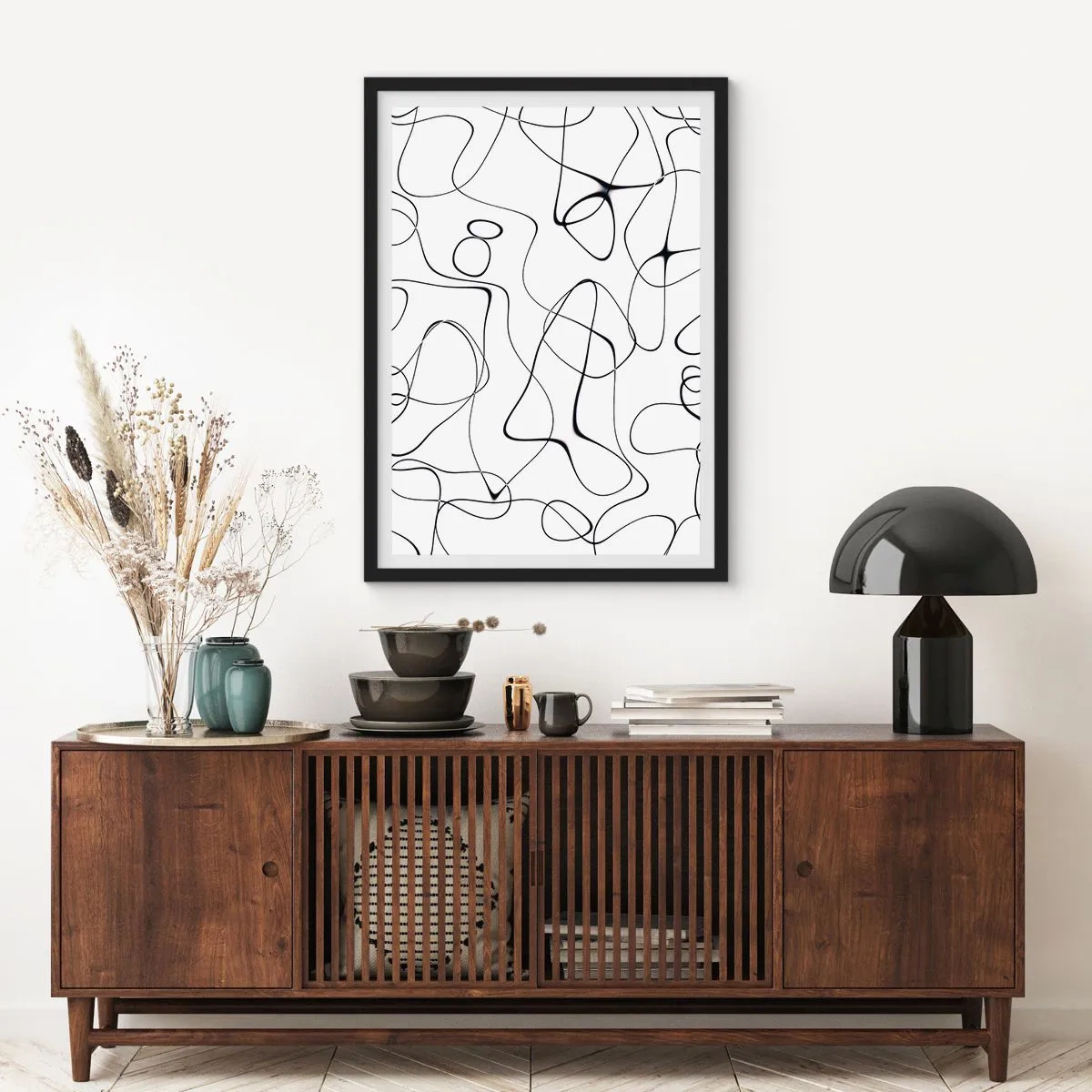 Poster in cornice nera - Linee nere astratte su sfondo bianco - 50x70cm - Strade della vita, eventi del destino - Decorazione murale moderna per soggiorno e camera da letto ARTTOR