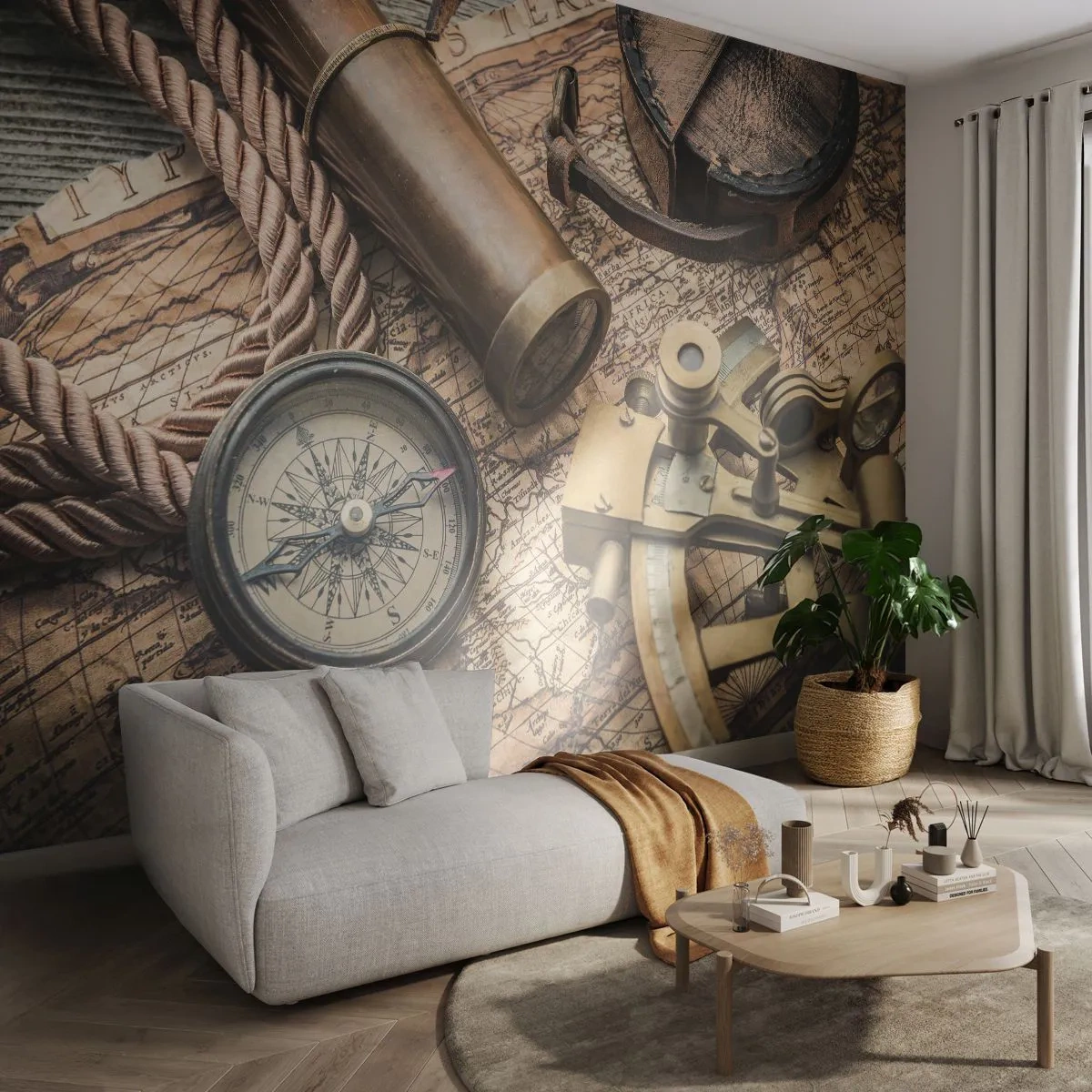 Fotomurali Premium Sand - Traccia la rotta - Nautico, Mappa del mondo, Bussola - 100x70 cm