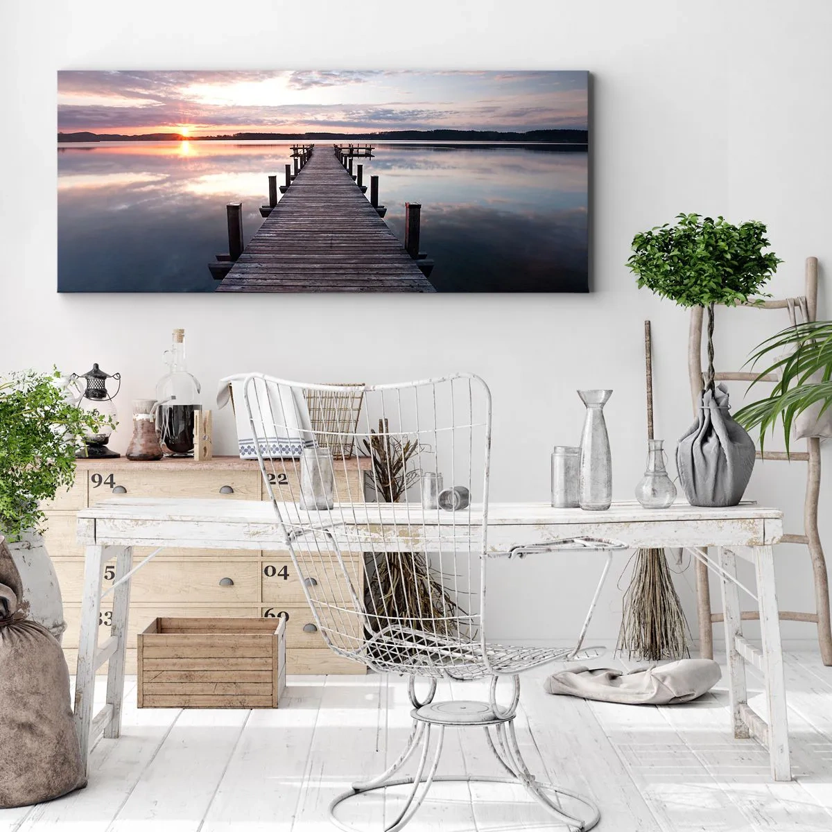 Quadro su tela - Stampe su Tela - Un molo su un lago al tramonto in un paesaggio tranquillo - 120x50cm - Il silenzioso confine del giorno e della notte - Decorazione murale moderna per soggiorno e camera da letto ARTTOR