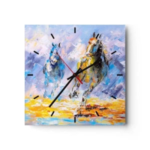 Orologio da parete - Orologio in Vetro - Due cavalli in movimento sullo sfondo di un paesaggio astratto - 30x30cm - Al galoppo nella luce - Decorazione murale moderna per soggiorno e camera da letto ARTTOR