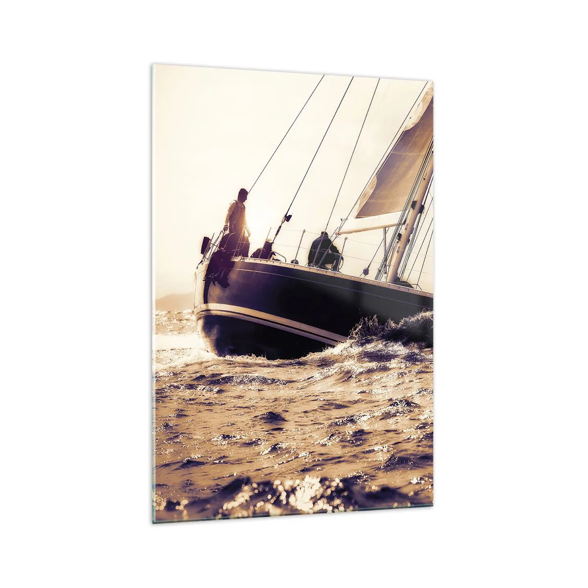 Quadro su vetro - Uno yacht in mare in tempesta alla luce del sole al tramonto - 70x100cm - Naviga, marinaio - Decorazione murale moderna per soggiorno e camera da letto ARTTOR