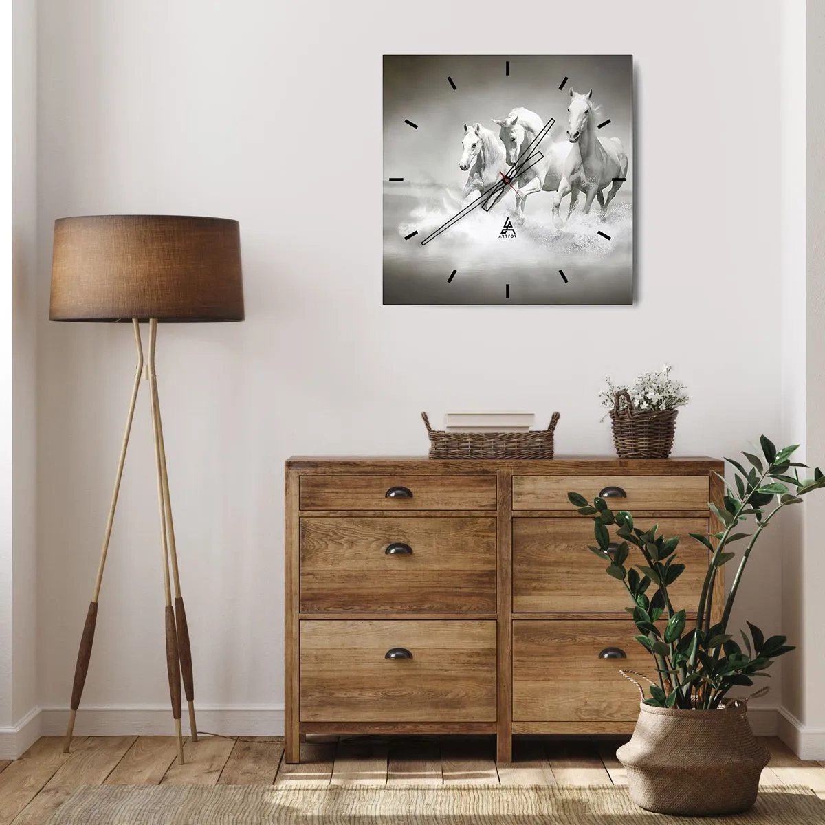 Orologio da parete - Orologio in Vetro - Tre cavalli bianchi che galoppano nell'acqua - 30x30cm - Estasi bianca - Decorazione murale moderna per soggiorno e camera da letto ARTTOR