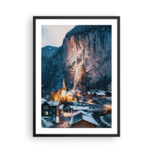 Poster in cornice nera - Villaggio invernale illuminato ai piedi della scogliera - 50x70cm - Lo spirito luminoso dell'inverno - Decorazione murale moderna per soggiorno e camera da letto ARTTOR