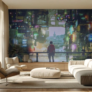 Fotomurali Standard Eco - Una figura con una giacca rossa sullo sfondo di una città futuristica - 100x70cm - Due mondi - Decorazione murale moderna per soggiorno e camera da letto ARTTOR