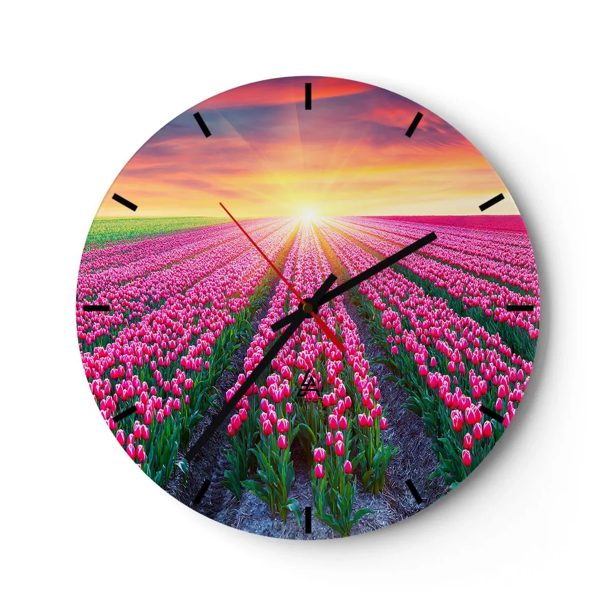 Orologio da parete - Orologio in Vetro - Un campo di tulipani rossi al tramonto - 30x30cm - La fattoria della bellezza - Decorazione murale moderna per soggiorno, cucina e camera da letto ARTTOR