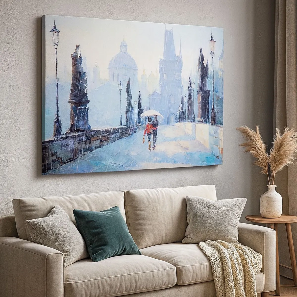 Quadro su tela - Stampe su Tela - Coppia romantica su un ponte sotto la pioggia, una scena pittorica - 70x50cm - La pioggia ci ha incantati - Decorazione murale moderna per soggiorno e camera da letto ARTTOR