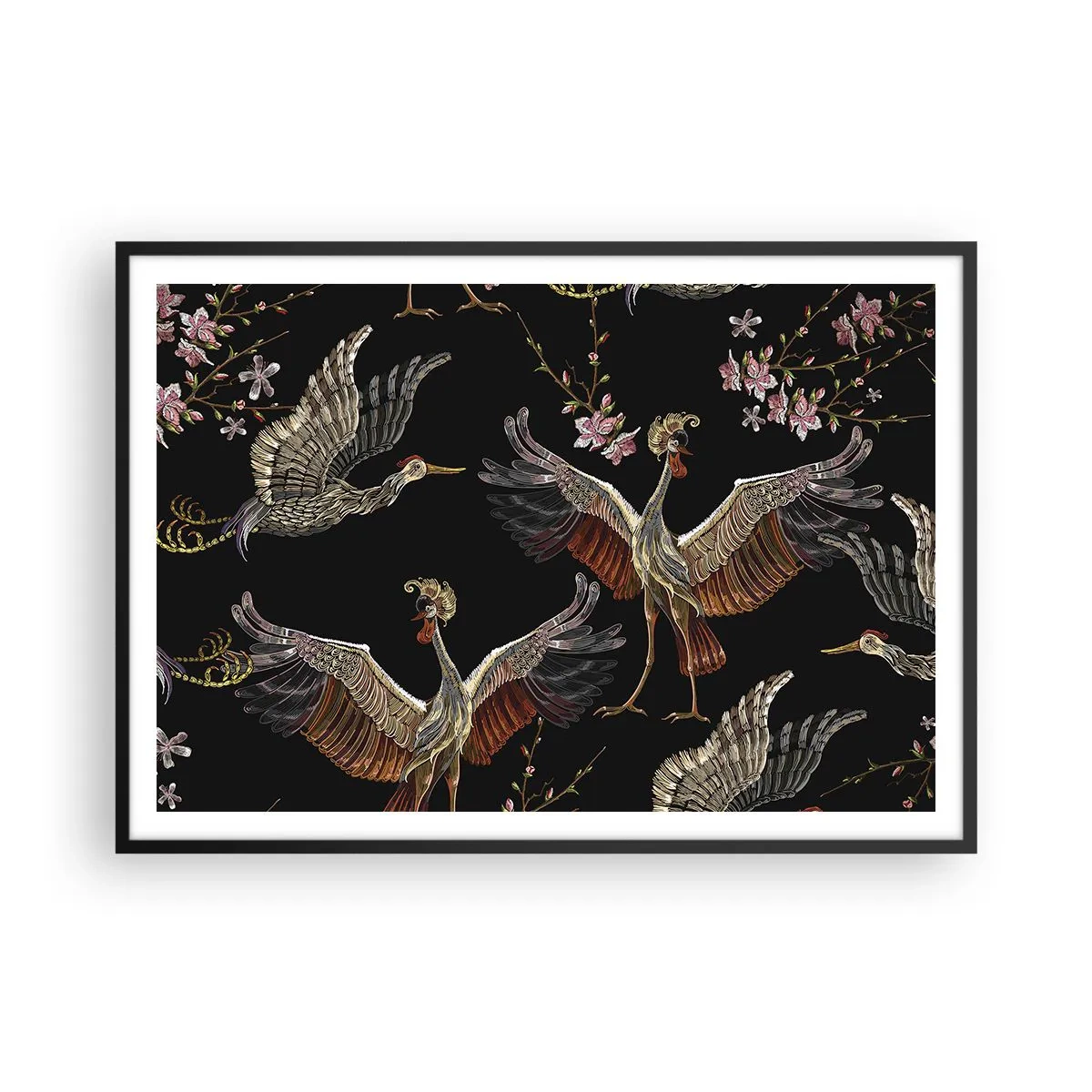 Poster in cornice nera - Gru e fiori eleganti su sfondo nero - 100x70cm - Uccello fantastico - Decorazione murale moderna per soggiorno e camera da letto ARTTOR