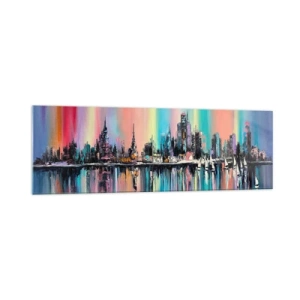Quadro su vetro - Paesaggio urbano colorato con riflessi sull'acqua - 160x50cm - Fluttuare alle luci della notte - Decorazione murale moderna per soggiorno e camera da letto ARTTOR
