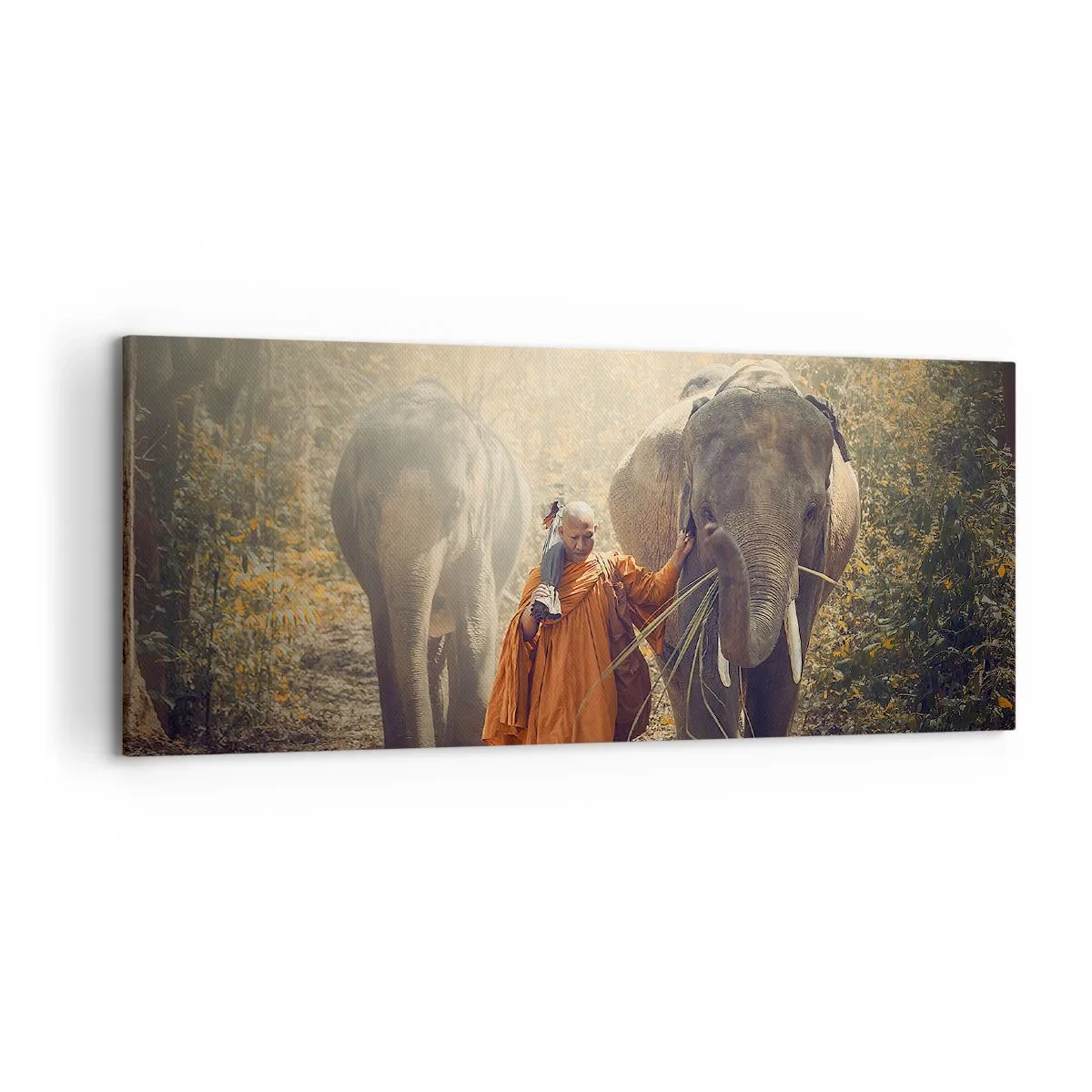 Quadro su tela - Stampe su Tela - Un monaco con una tunica arancione guida un elefante nella foresta. - 120x50cm - Comprensione perfetta - Decorazione murale moderna per soggiorno e camera da letto ARTTOR