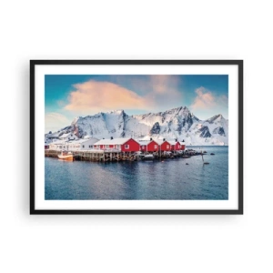 Poster in cornice nera - Case rosse sullo sfondo delle montagne innevate e del mare blu - 70x50cm - Atmosfera del nord - Decorazione murale moderna per soggiorno e camera da letto ARTTOR