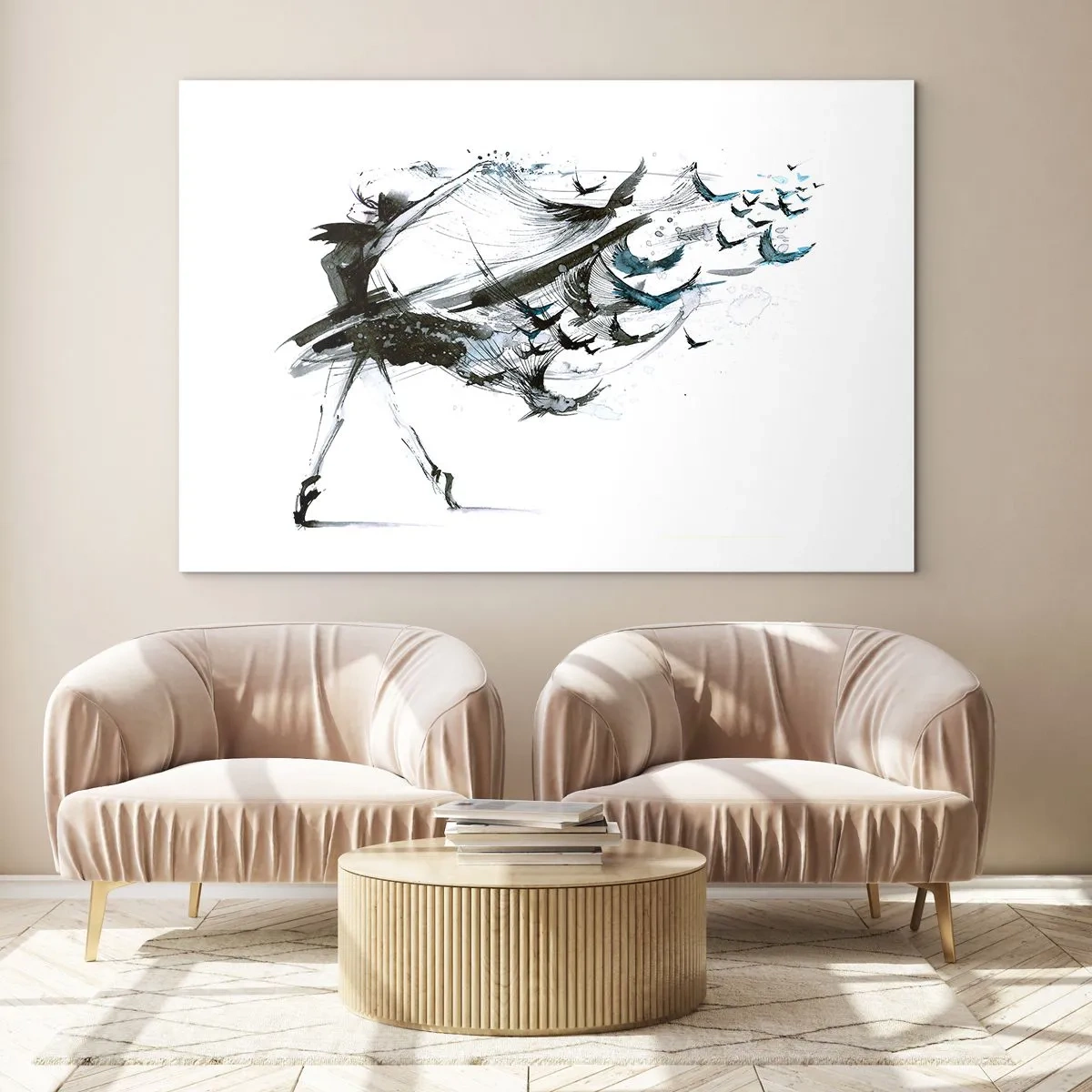 Quadro su vetro - Ballerina in movimento con uccelli fluttuanti - 120x80cm - La magia della musica libera dall'incantesimo - Decorazione murale moderna per soggiorno e camera da letto ARTTOR
