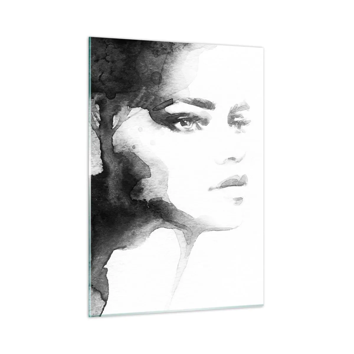 Quadro su vetro - Ritratto di donna ad acquerello in bianco e nero - 50x70cm - Fatta di mistero e di nebbia - Decorazione murale moderna per soggiorno e camera da letto ARTTOR