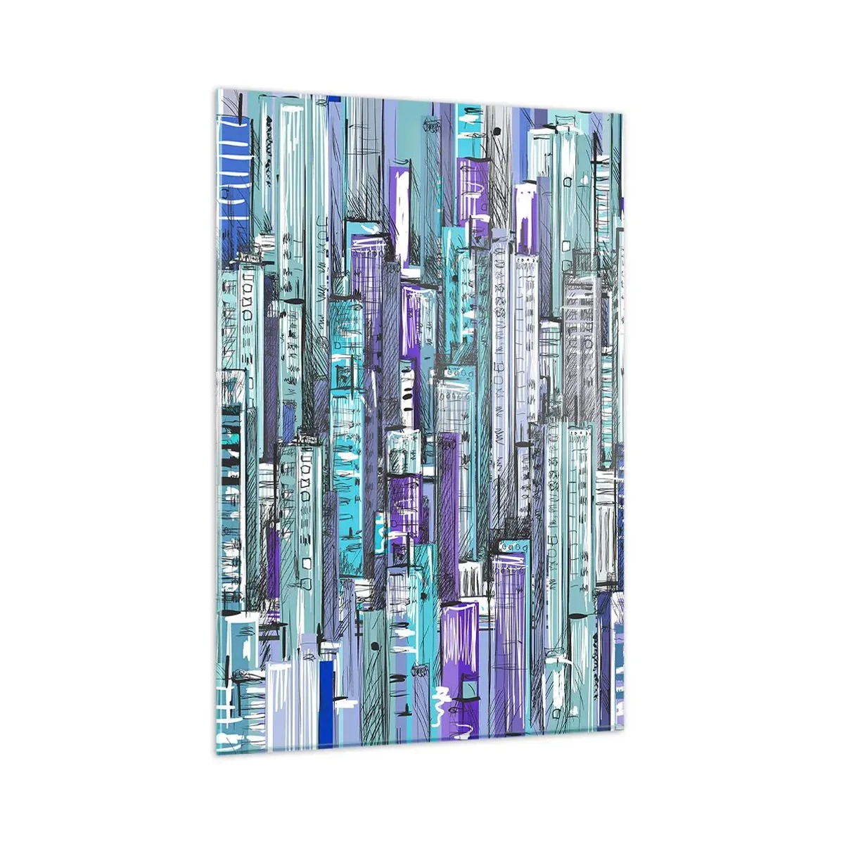 Quadro su vetro - Illustrazione di una città con edifici geometrici nelle tonalità del blu e del viola. - 80x120cm - Bluastri dal cielo - Decorazione murale moderna per soggiorno e camera da letto ARTTOR