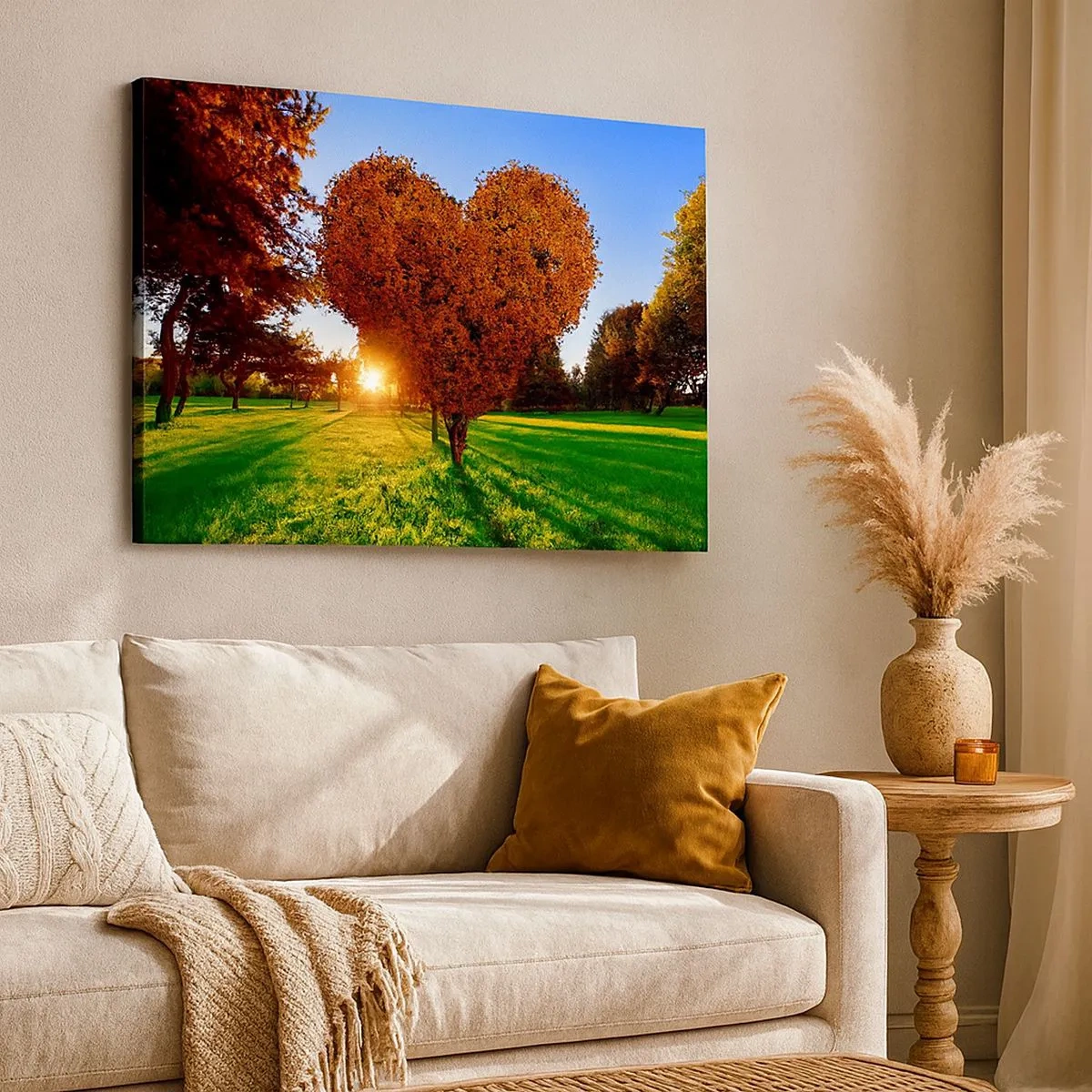 Quadro su tela - Stampe su Tela - Un albero a forma di cuore in uno scenario autunnale - 70x50cm - Come non amare l'autunno - Decorazione murale moderna per soggiorno e camera da letto ARTTOR