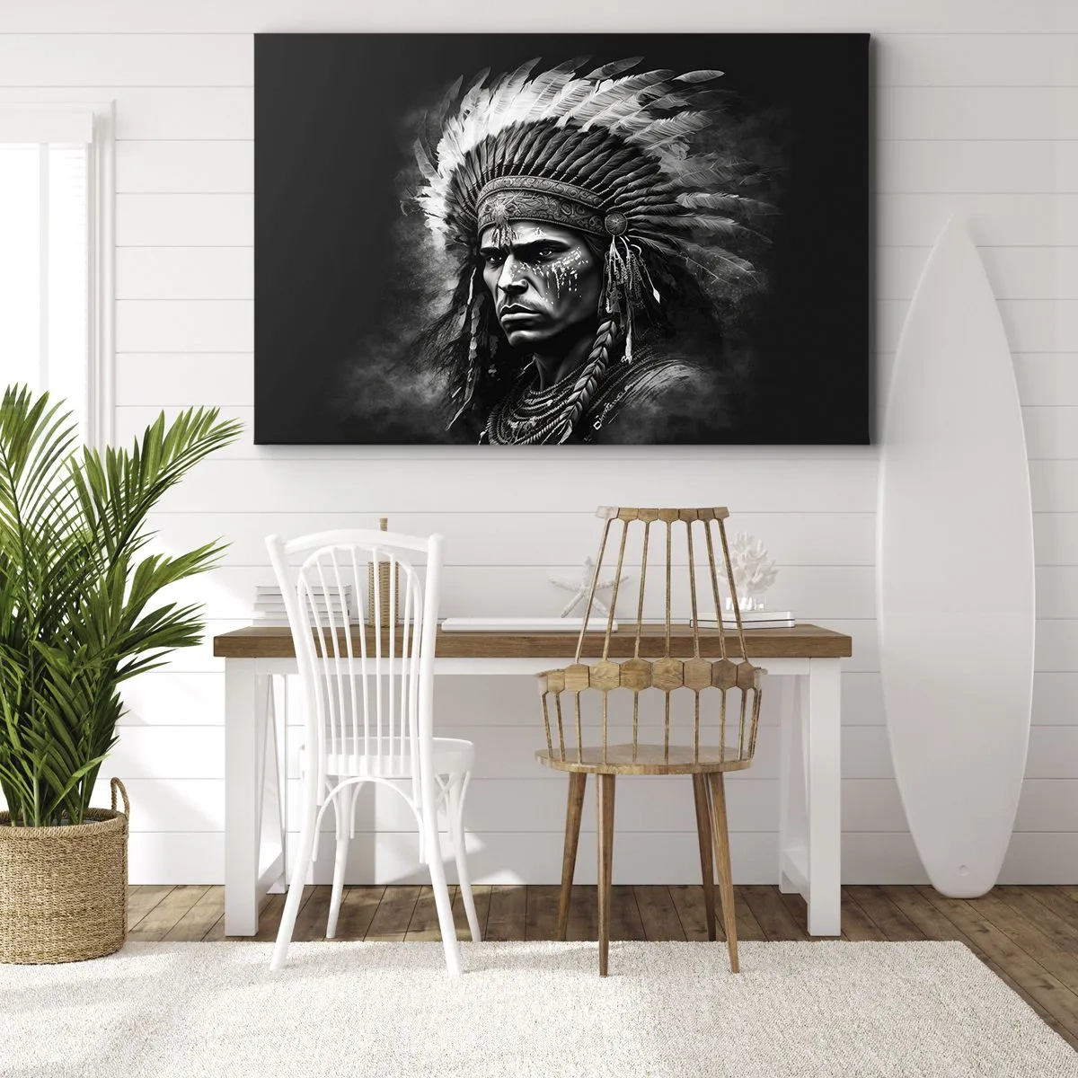 Quadro su tela - Stampe su Tela - Ritratto di un capo con un copricapo piumato su sfondo nero - 70x50cm - Capo e guerriero - Decorazione murale moderna per soggiorno e camera da letto ARTTOR