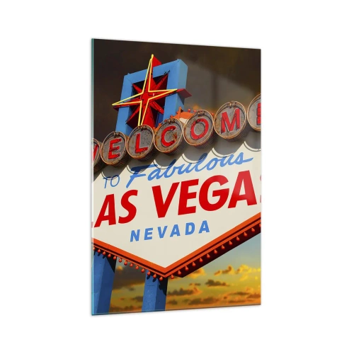 Quadro su vetro - Il famoso cartello Welcome to Fabulous Las Vegas al tramonto - 70x100cm - Cercando la fortuna - Decorazione murale moderna per soggiorno e camera da letto ARTTOR