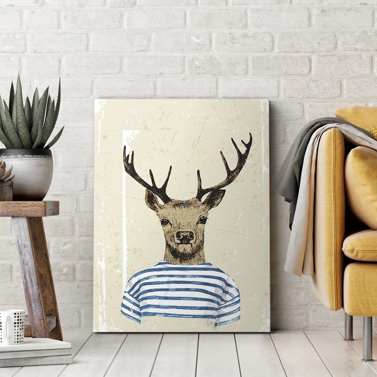 Quadro su tela - Stampe su Tela - Un cervo con una camicia a righe su uno sfondo chiaro con una trama delicata - 50x70cm - Mi piacciono le camicie a righe! - Decorazione murale moderna per soggiorno e camera da letto ARTTOR