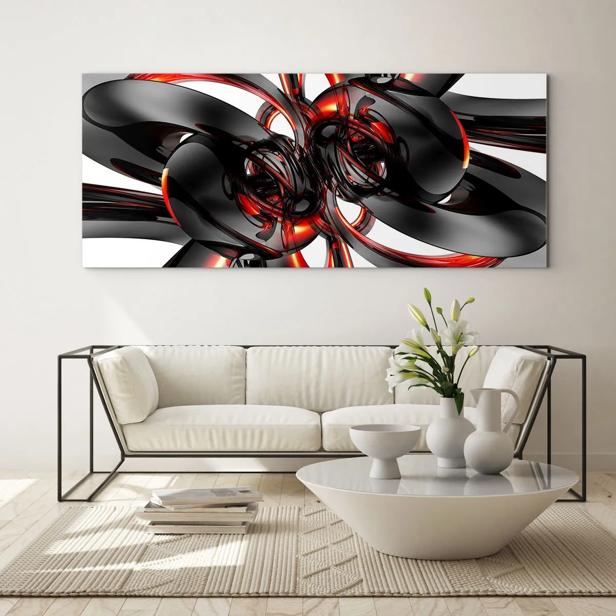 Quadro su vetro - Grafica 3D astratta con elementi neri e rossi - 120x50cm - Movimento in grafite e rosso - Decorazione murale moderna per soggiorno e camera da letto ARTTOR