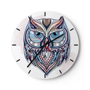 Orologio da parete - Orologio in Vetro - Gufo colorato in stile geometrico su sfondo bianco - 30x30cm - Gufo artistico decorativo - Decorazione murale moderna per soggiorno, cucina e camera da letto ARTTOR
