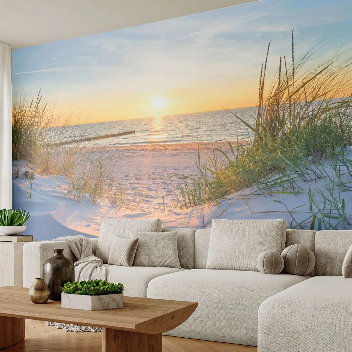 Fotomurali Premium Sand - Rumore del mare, uccelli che cantano, spiaggia selvatica tra i cespugli... - Paesaggio, Mare, Dune - 200x140 cm