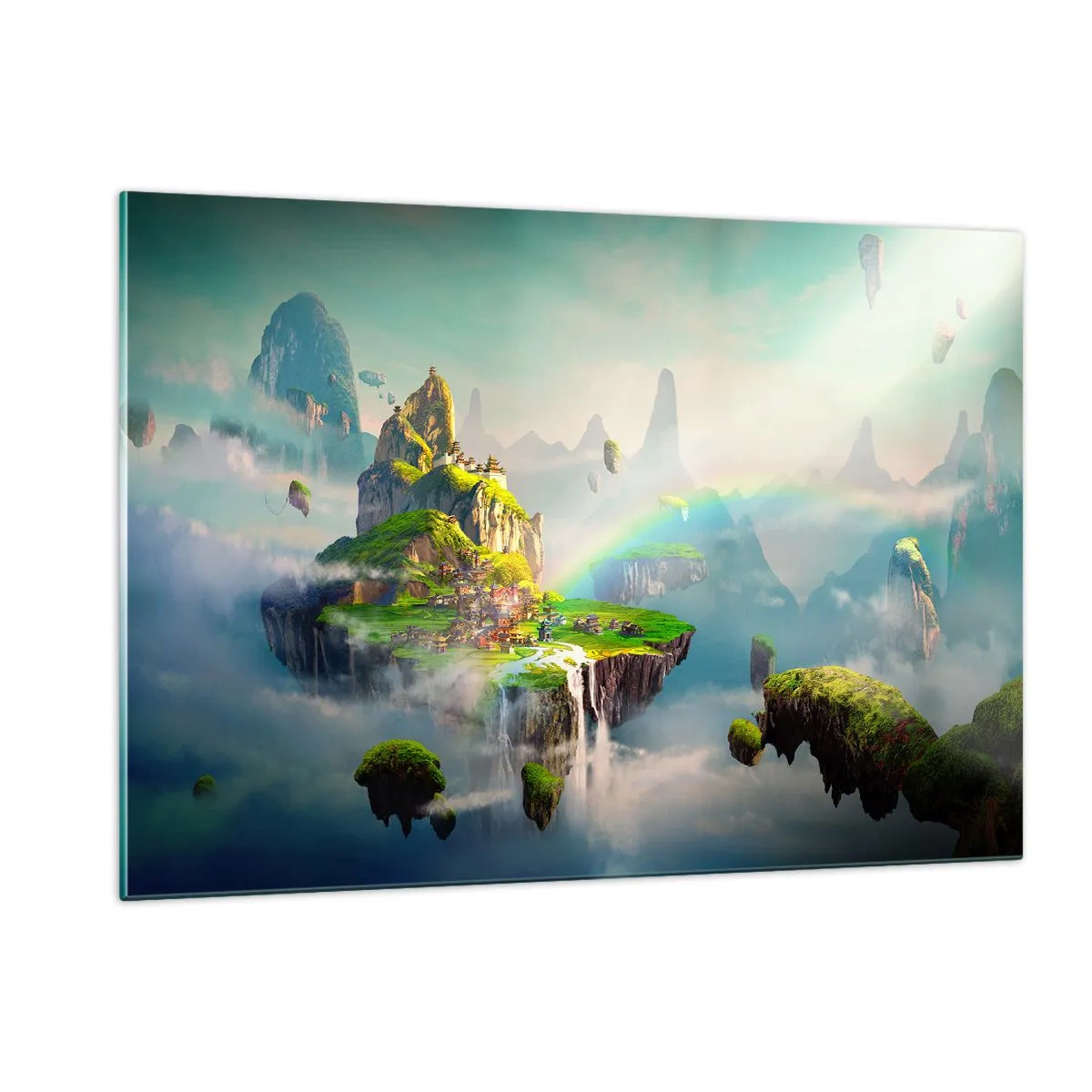 Quadro su vetro - Isole volanti tra le nuvole con arcobaleni e cascate - 120x80cm - In mezzo al cielo: isole fortunate - Decorazione murale moderna per soggiorno e camera da letto ARTTOR