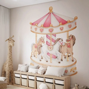 Fotomurali Premium Sand - Giostra rosa e beige con cavalli su sfondo bianco - 100x70cm - Il dolce mondo dell'infanzia - Decorazione murale moderna per soggiorno e camera da letto ARTTOR