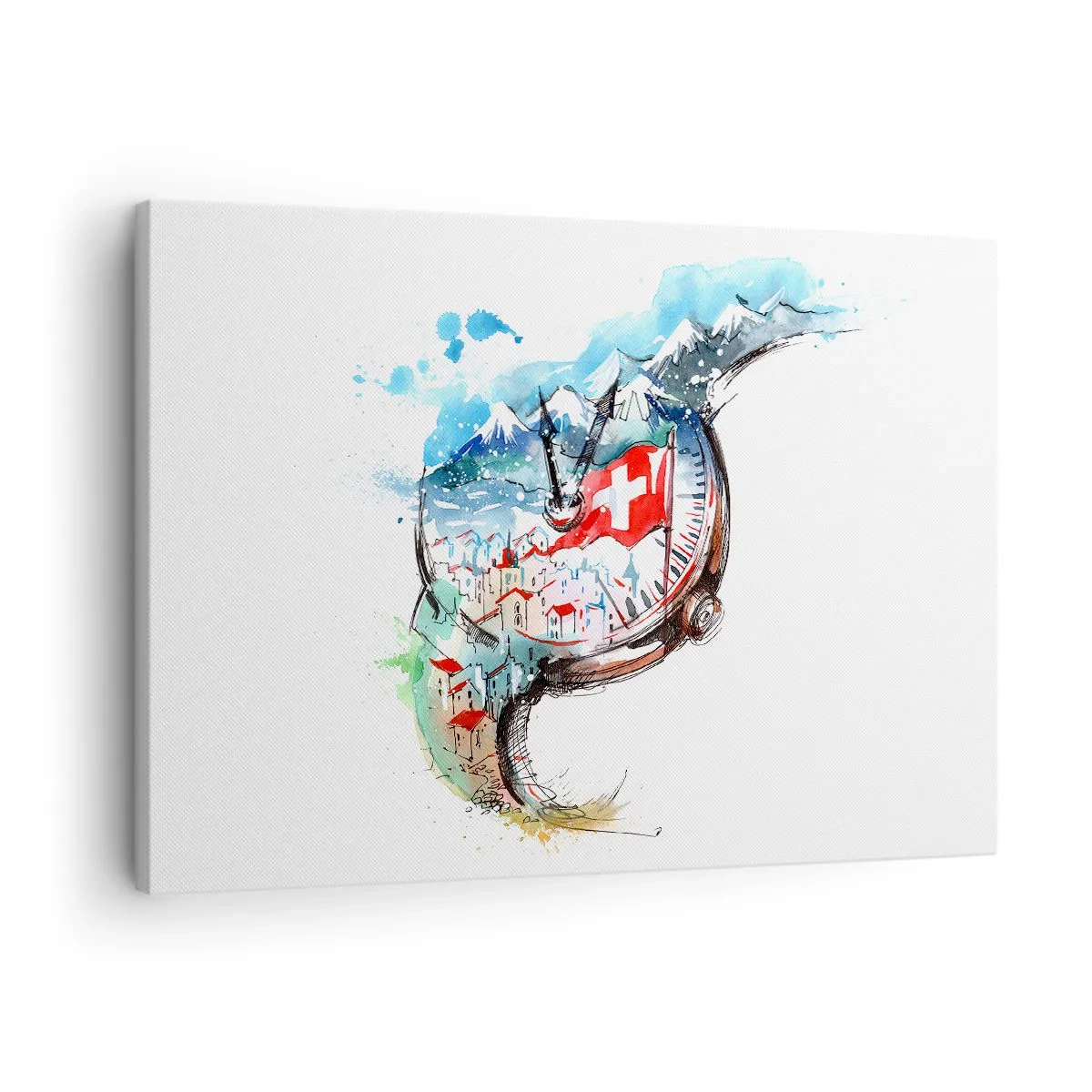 Quadro su tela - Stampe su Tela - Un paesaggio ad acquerello della Svizzera in un design a orologeria - 70x50cm - Lo spirito della Svizzera - Decorazione murale moderna per soggiorno e camera da letto ARTTOR