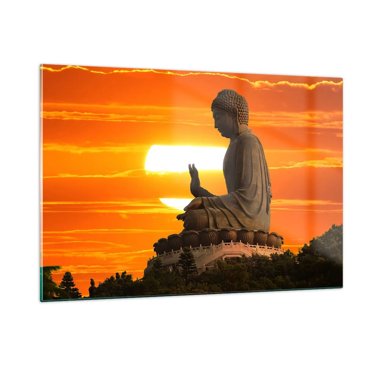 Quadro su vetro - Statua del Buddha sullo sfondo del sole al tramonto - 120x80cm - Senza paura davanti al mondo - Decorazione murale moderna per soggiorno e camera da letto ARTTOR
