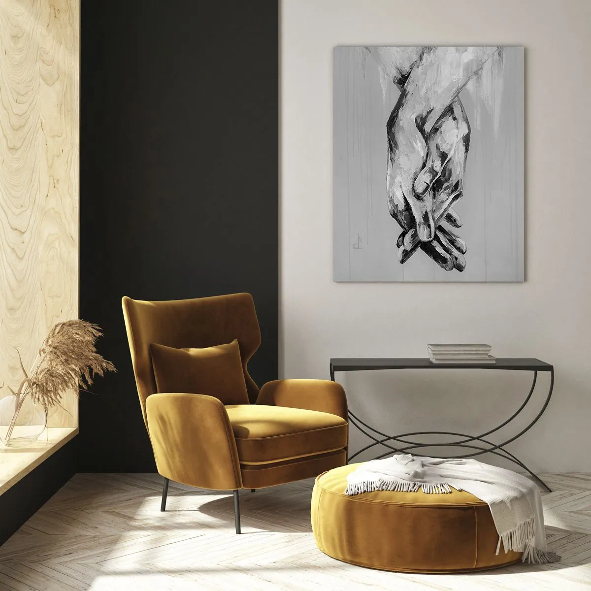 Quadro su vetro - Composizione in bianco e nero di due mani giunte su uno sfondo chiaro. - 80x120cm - Inizio... - Decorazione murale moderna per soggiorno e camera da letto ARTTOR