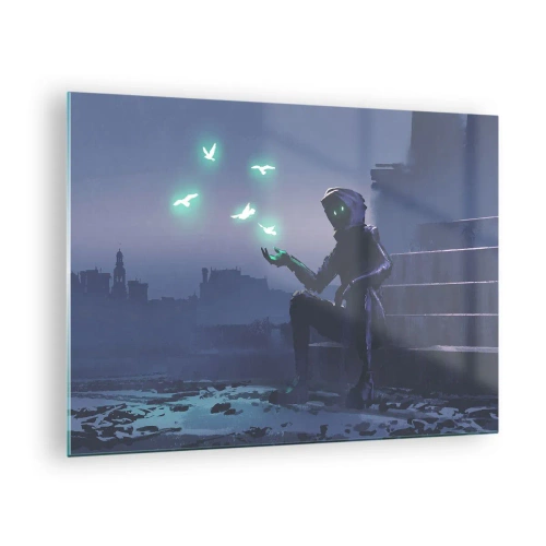 Quadro su vetro - Una figura nell'oscurità circondata da uccelli verdi fluttuanti - 70x50cm - La vita ritorna - Decorazione murale moderna per soggiorno e camera da letto ARTTOR