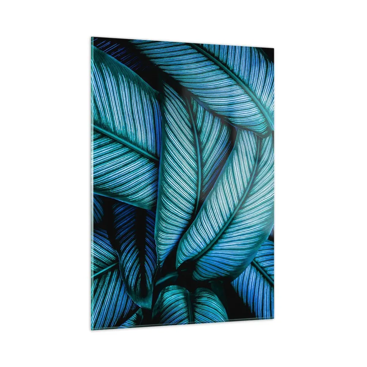 Quadro su vetro - Primo piano di foglie color turchese dalla consistenza intensa. - 50x70cm - Le linee della vita - Decorazione murale moderna per soggiorno e camera da letto ARTTOR