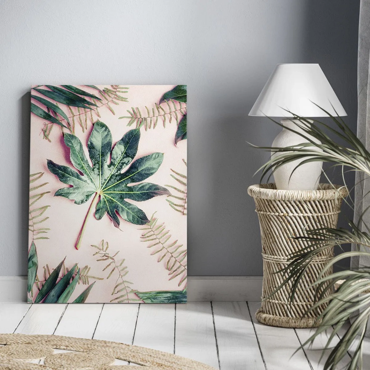 Quadro su tela - Stampe su Tela - Foglie tropicali su uno sfondo pastello chiaro - 50x70cm - Studio di verde su sfondo rosa - Decorazione murale moderna per soggiorno e camera da letto ARTTOR