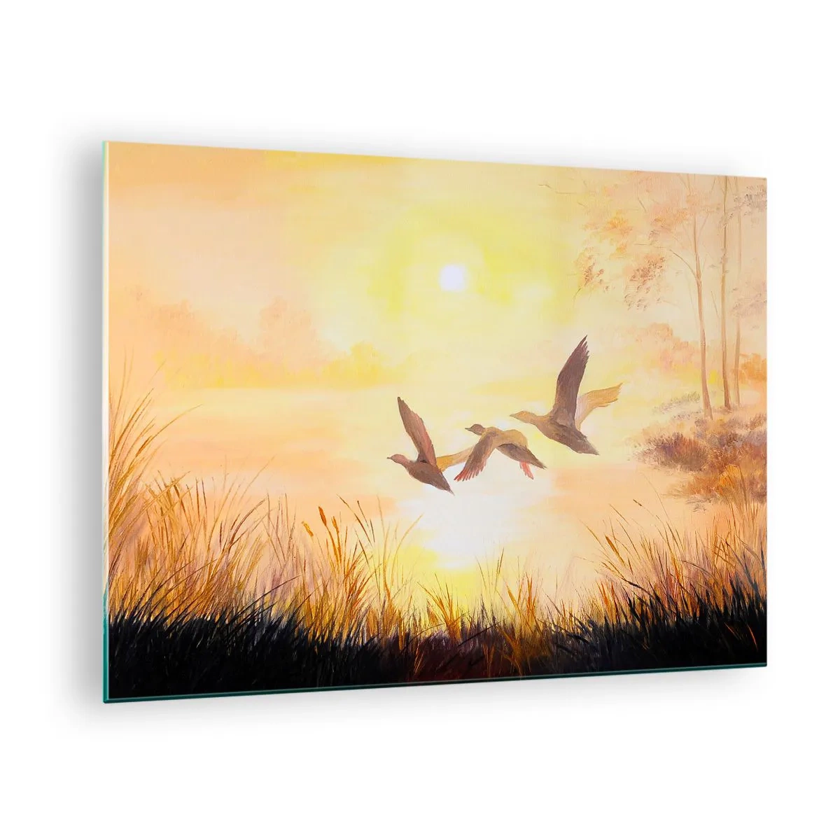 Quadro su vetro - Tre anatre che volano sopra un lago all'alba - 70x50cm - L'inizio di un lungo viaggio - Decorazione murale moderna per soggiorno e camera da letto ARTTOR