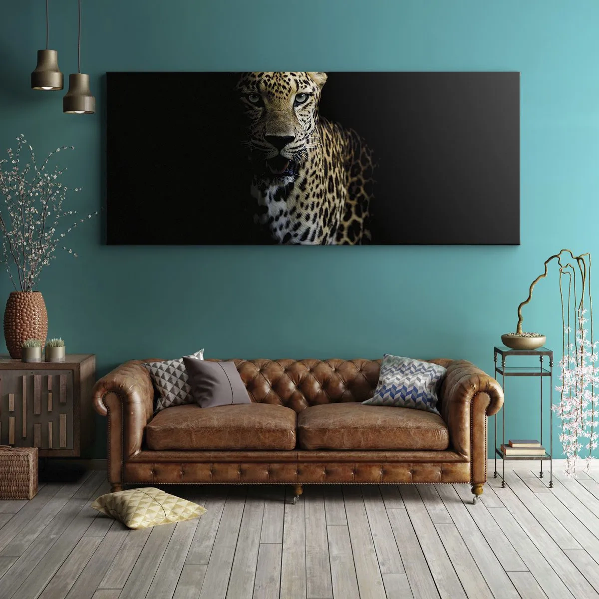 Quadro su tela - Stampe su Tela - Un leopardo su sfondo scuro con sguardo intenso - 160x50cm - Bellezza tenebrosa - Decorazione murale moderna per soggiorno e camera da letto ARTTOR