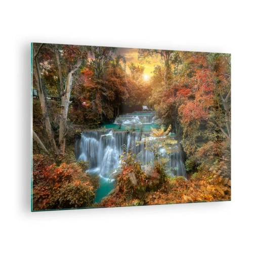 Quadro su vetro - Una pittoresca cascata circondata da una foresta autunnale al tramonto - 70x50cm - Il tesoro nascosto nel bosco - Decorazione murale moderna per soggiorno e camera da letto ARTTOR