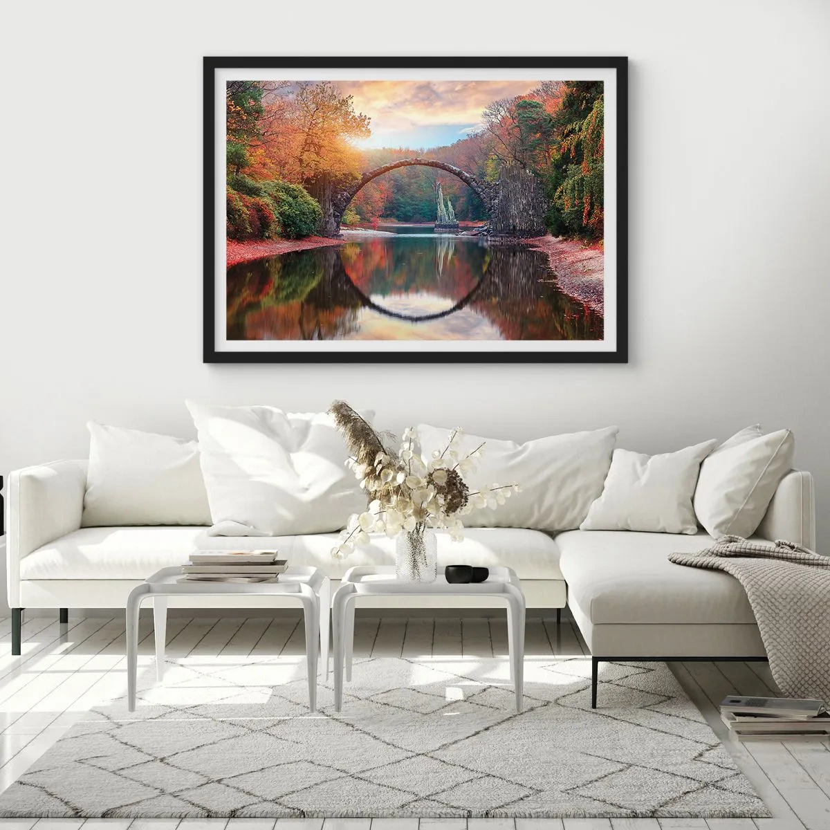 Poster in cornice nera - Un ponte di pietra in uno scenario autunnale sopra acque calme - 70x50cm - Dall'altro lato dello specchio - Decorazione murale moderna per soggiorno e camera da letto ARTTOR