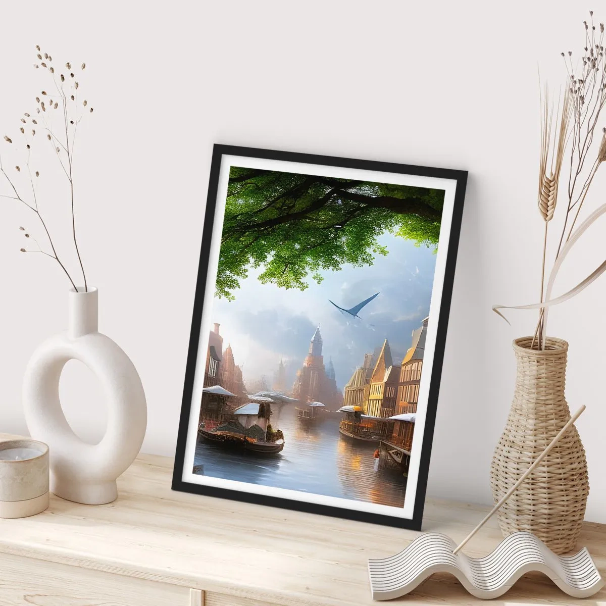 Poster in cornice nera - Vista pittoresca sul canale con architettura storica - 50x70cm - Paesaggio urbano olandese - Decorazione murale moderna per soggiorno e camera da letto ARTTOR