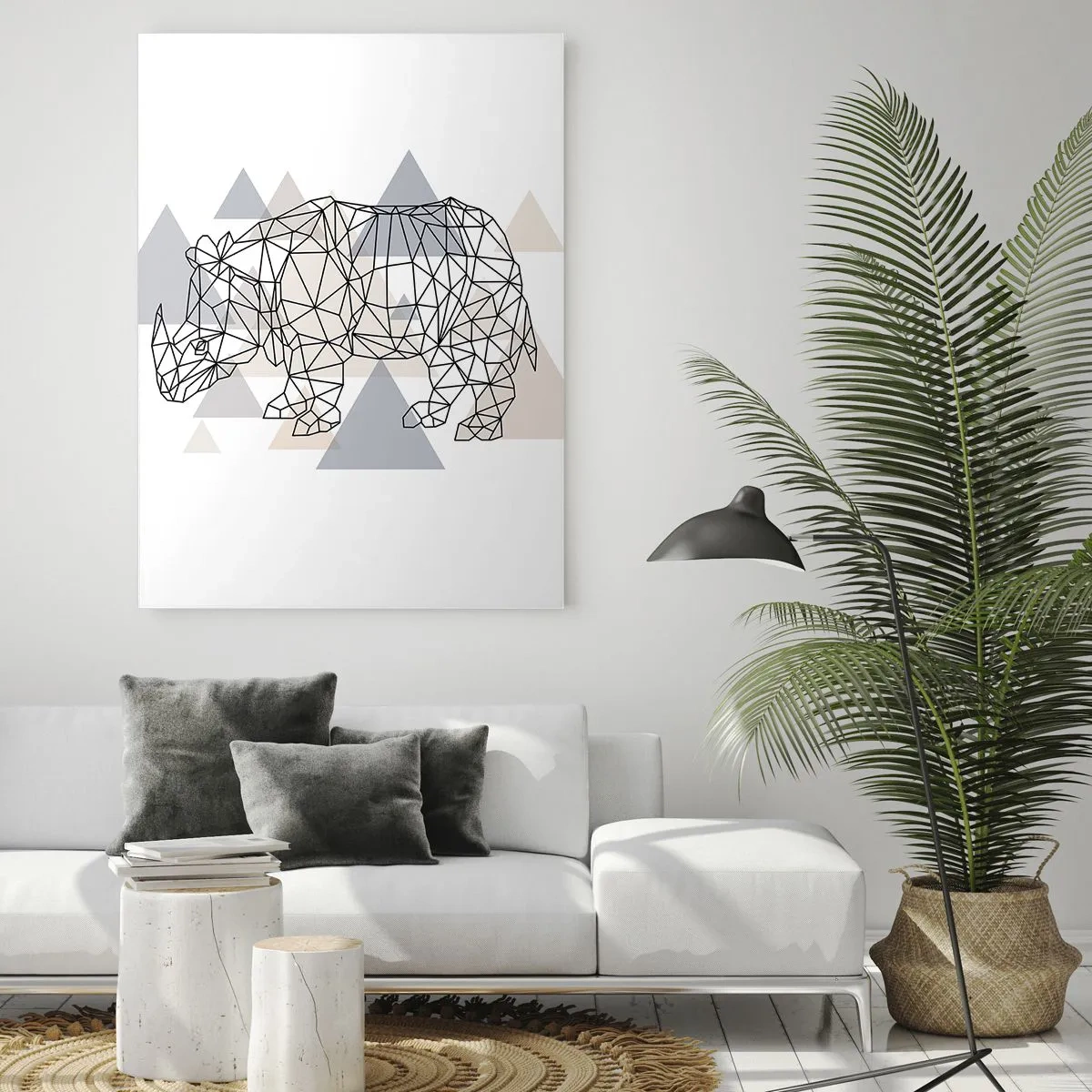 Quadro su vetro - Disegno geometrico di un rinoceronte su sfondo chiaro - 50x70cm - La struttura della forza - Decorazione murale moderna per soggiorno e camera da letto ARTTOR