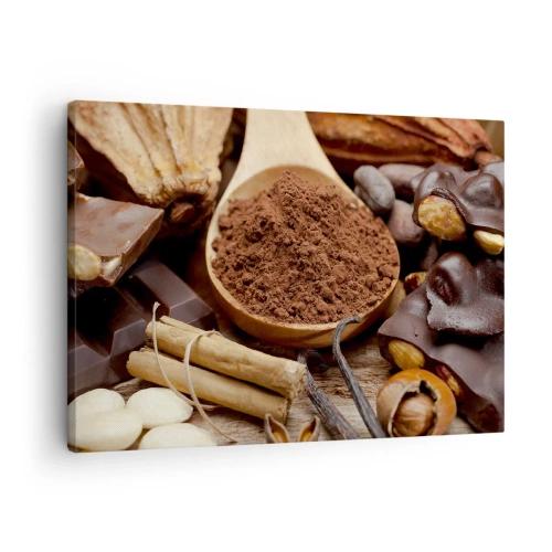 Quadro su tela - Stampe su Tela - Un cucchiaio di cacao e ingredienti al cioccolato in una disposizione rustica - 70x50cm - Ideale per i momenti di tristezza - Decorazione murale moderna per soggiorno e camera da letto ARTTOR