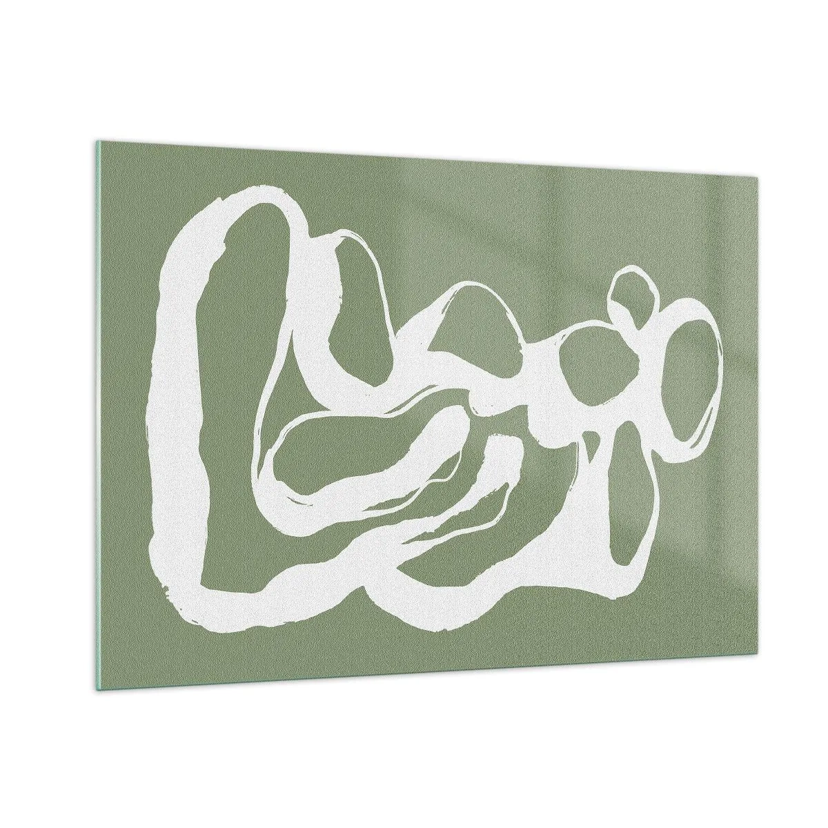 Quadro su vetro - Forma organica bianca astratta su sfondo oliva - 100x70cm - Il richiamo dello spazio - Decorazione murale moderna per soggiorno e camera da letto ARTTOR