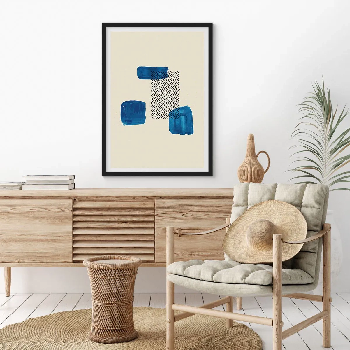 Poster in cornice nera - Composizione astratta nei toni del blu navy con linee - 50x70cm - Quartetto astratto - Decorazione murale moderna per soggiorno e camera da letto ARTTOR