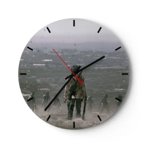 Orologio da parete - Orologio in Vetro - Una figura con una pistola sullo sfondo di una città e di una nebbia misteriosa - 30x30cm - L'ultimo dei giusti? - Decorazione murale moderna per soggiorno, cucina e camera da letto ARTTOR