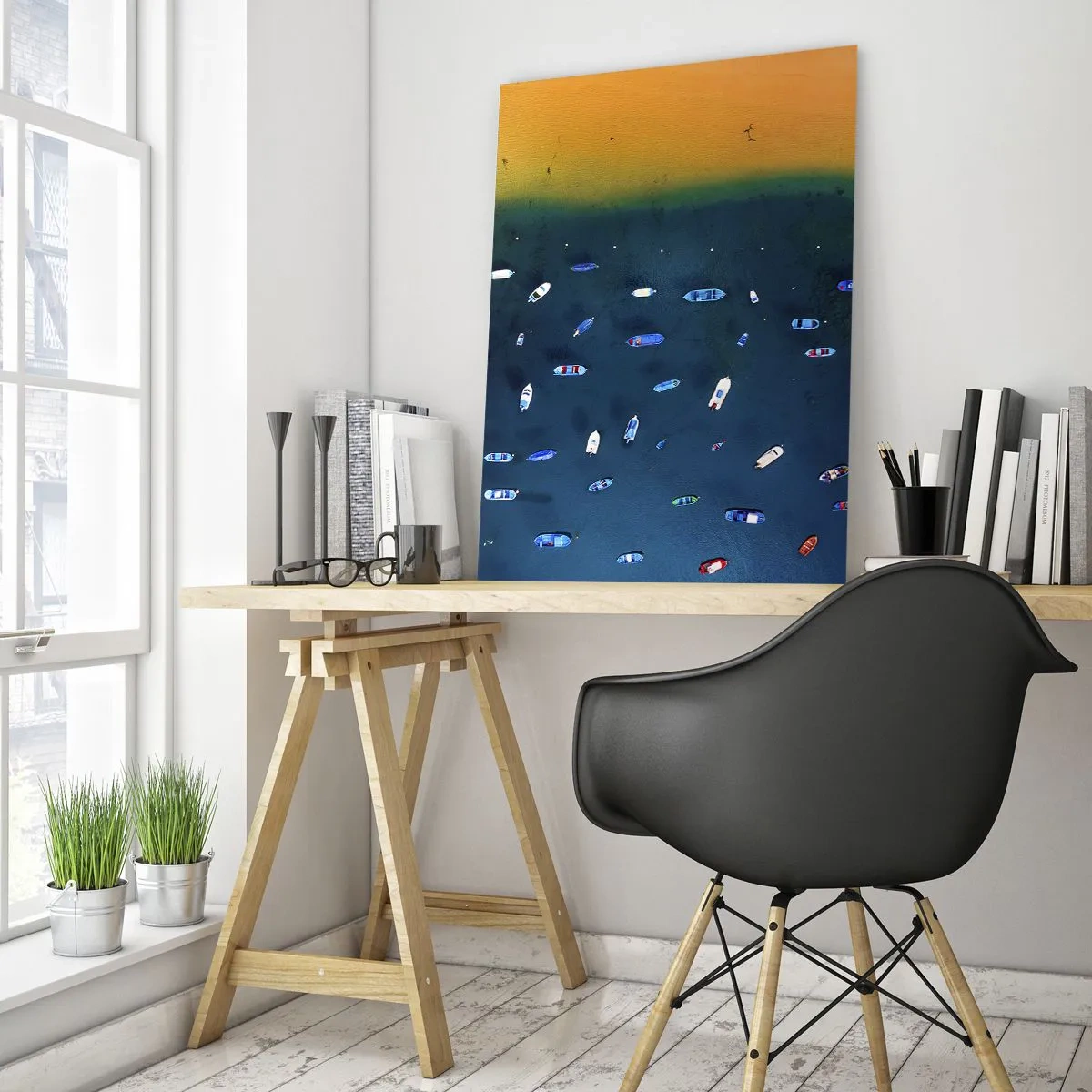Quadro su vetro - Barche sullo sfondo di acque turchesi e una riva dorata - 50x70cm - Il gioco delle vacanze - Decorazione murale moderna per soggiorno e camera da letto ARTTOR